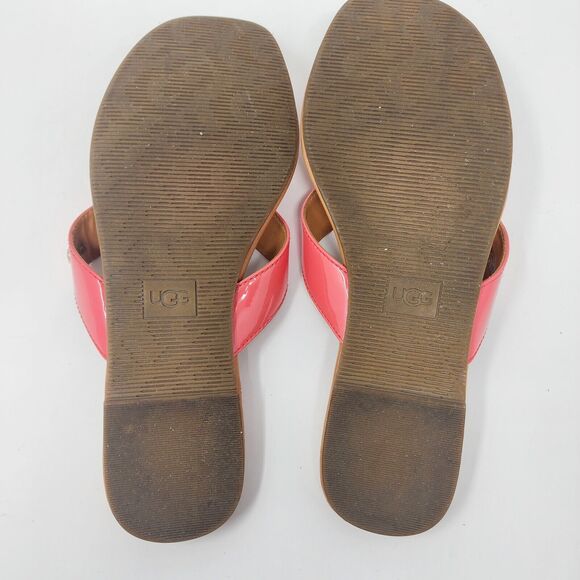 Ugg Thong Sandal Women's 9 Tuolumne Patent Flip Flop Neon Pink Logo Rivet EUC - Picture 10 of 11